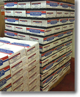 patterson foods boxes stacked on a pallet